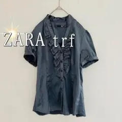 ZARA trf パフスリーブフリル光沢Ｖネックバンドカラーブラウス（L）グレーのサムネイル