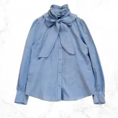 極美品✨ルルウィルビー シルクブレンド フリルボウタイブラウス ブルー 2のサムネイル