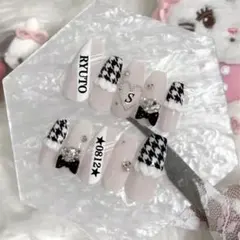 ネイルチップ 量産型 千鳥柄ネイル 現品 オタクネイル フレンチネイル フリル