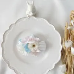 ピンク&水色　ストライプリボンとポンポンローズのヘアクリップ  小サイズ