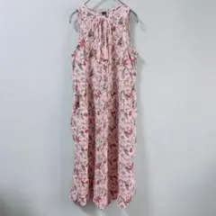 ユニバ―サルスレッド 花柄 ワンピース クルーネック ノースリーブ XS 桃 麻