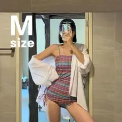 新品✨サイドリボン スイムウェア М ワンピース 海外 韓国 チェック pink