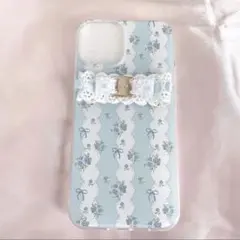 ハンドメイド iPhone13ケース 水色 リボン 姫系