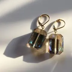 015 一粒ビジュー　長方形　モカブルー　ピアス　イヤリング　(※匿名送料込み)