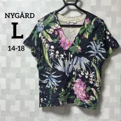 匿名配送❣️NYGÅRD 【L（14-18）】花柄ネイビーVネックTシャツ 半袖