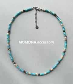 #98 ターコイズカラー　ビーズネックレス　リゾート風　シルバー