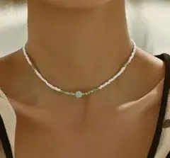 ビーズネックレス チョーカー ホワイト グリーン カジュアル アクセサリー