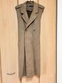 【 ZARA 】 ロングベストコート S 襟付き ブラウン スエード風 【ザラ】
