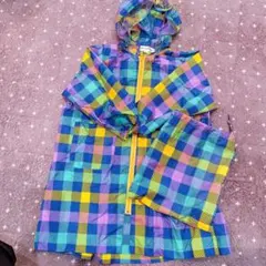 【美品】男の子レインコート110青系チェック収納ポーチ付男子のサムネイル