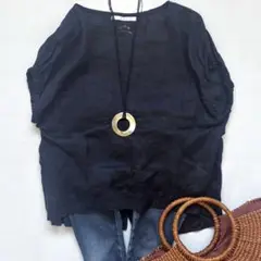 KBF 麻　ブラウス　黒　FLANDERS lINEN