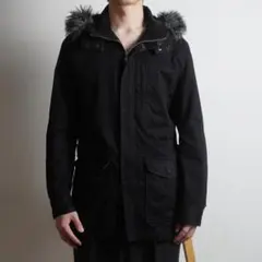 COMME CA ISM ファーフーディーモッズコート ブラック/RW393