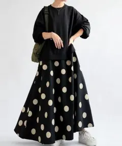 antiqua ドット柄切り替えドッキング 異素材クルーネックAラインワンピース