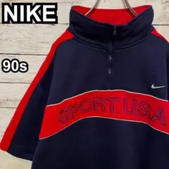 450【人気Lさサイズ】ナイキ♤刺繍ビッグロゴハーフジップスウェット90s銀タグ