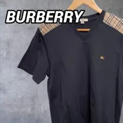 BURBERRY 古着 ロゴ刺繍 チェック ブラックTシャツ Y318のサムネイル