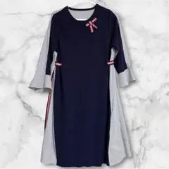 &LOVE ネイビー×ストライプ 切替ワンピース ニットワンピ Lサイズ