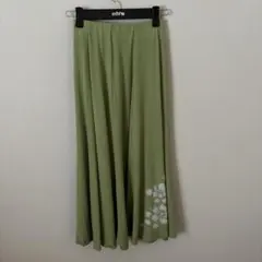 グリーン　薄手　レースストーン　フレア　スカート　ロング