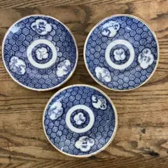 ♪旧家蔵出 有田焼 印判 染付 亀甲松竹梅文様 なます皿 印判皿 3枚セット！