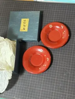 琉球漆器 赤い花模様 茶托5枚セット