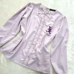 【美品】チップクリップ　テディベアプリント ピンク長袖ブラウス　レース　フリル