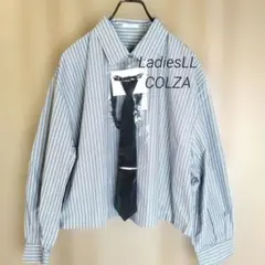 COLZA コルザ ストライプ長袖ブラウス ネクタイ付き 丈短め LL