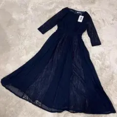 新品　オケージョン　ワンピース　ネイビー　プリーツ　レース　フレア　Aライン