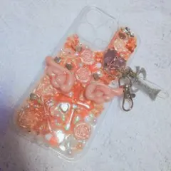 iPhone16pro ケース デコ電 平成女児 埋めつくし　レジン オレンジ