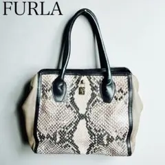 美品級 FURLA（フルラ） ハンドバッグ パイソン柄×レザー シボ革