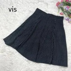 VIS フレアスカート【MT】ストライプ ミモレ丈 ウエストゴム ブラックのサムネイル