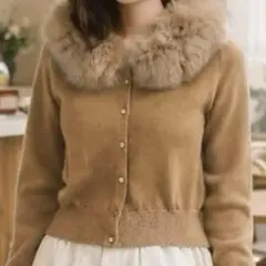 美品✨ドゥーズィエムクラス ファー付きカーディガン 上質ニット キャメル 脱着可
