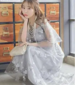 低身長向け Retica シースルー七分丈花柄刺繍 パーティードレスのサムネイル