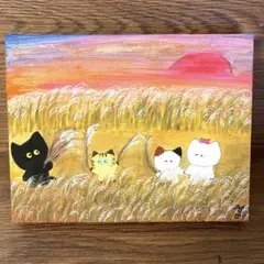 猫の絵 ネコの絵 手描きイラスト「夕暮れの枯れすすき」