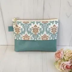 青ダマスク×無地　ポケットティッシュ入れ付ミニポーチ　ラミネート