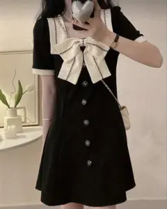 SHEIN リボン付きブラックミニワンピース JP-S(S)