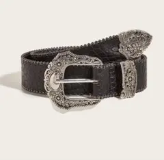 黒レザー装飾バックルベルト　黒　クロコダイル風　ベルト　ウエスタンベルト