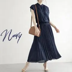 ロングワンピース フレンチスリーブ　ネイビー　L 初秋　フォーマル