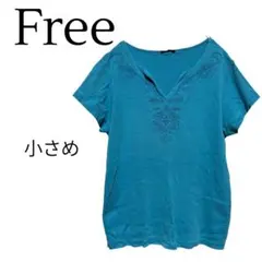 【汚れあり】半袖 Tシャツ Vネック ブルー 刺繍 カジュアル フリーサイズ