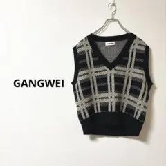 GANGWEI チェック柄ニットベスト Vネック ベージュ ブラック