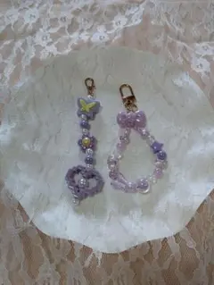 ビーズストラップ 紫セット