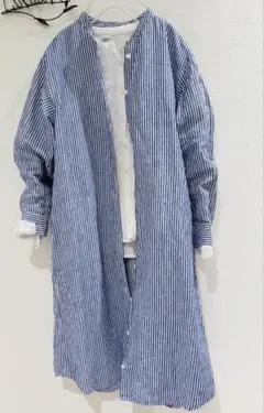 美品⭐︎無印良品　厚手リネン100%ストライプ ロングシャツワンピース　M