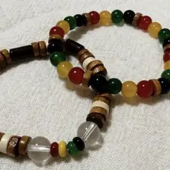 レゲエラスタカラーガラスビーズ　木製ビーズブレスレット 17cm 2個セット