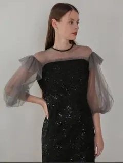 フラワースパンコールシアーフリルスリーブIラインワンピースドレス結婚式パーティー