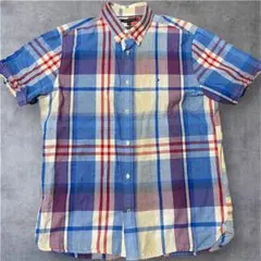 トミーヒルフィガー 半袖シャツ コットンリネン マドラスチェック 刺繍ロゴ XL