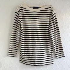 ルミノア ボーダーカットソー ロンT 肩ボタン 銀ボタン ボートネック 春