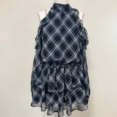 NICE CLAUP 肩あきチェックチュニックワンピースブラックミニワンピ