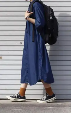 インド綿デニムスタンドカラーワンピース/綿100%/半袖 5分袖 無印良品 春