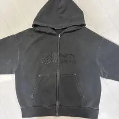 グレー ロゴ刺繍 ジップアップパーカー