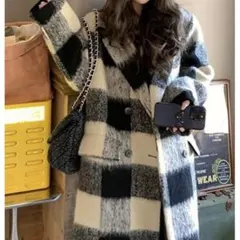 FUNdaysion 格紋拼接鋪棉絎縫雙排扣長大衣