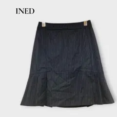 イネド INED ひざ丈スカート 裾プリーツ ストライプ ウール混 S相当 濃紺