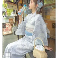 浴衣　単品　水色　菊　ストライプ　GRL　アートデコ