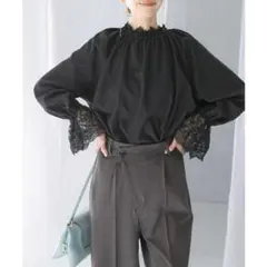 ROSSO 〈ウォッシャブル〉ハイネックレースブラウス ブラック